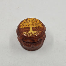 Load image into Gallery viewer, Mini/ tiny 4 part Herb Grinder with Kief catcher. Hand painted tree on imitation wood. Sharp teeth, magnetic closure with smooth grinding
