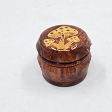 Load image into Gallery viewer, Mini/ tiny 4 part Herb Grinder with Kief catcher. Hand painted mushrooms on imitation wood. Sharp teeth, magnetic closure with smooth grinding
