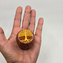 Load image into Gallery viewer, Mini/ tiny 4 part Herb Grinder with Kief catcher. Hand painted tree on imitation wood. Sharp teeth, magnetic closure with smooth grinding
